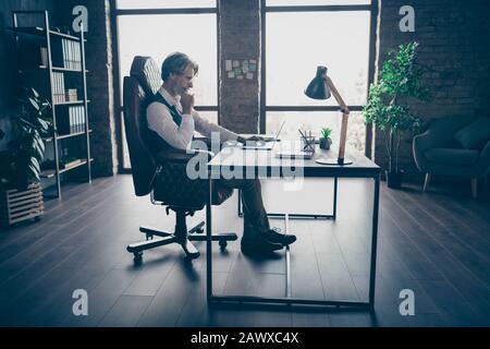 Profilo vista laterale del suo lui bello attraente elegante messo a fuoco esperto esperto in capelli grigi uomo economista seduto in sedia lavorando al loft moderno Foto Stock