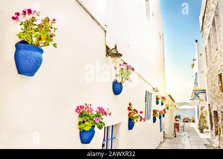 Una strada stretta con mura e vasi di fiori blu, il mare mediterraneo sullo sfondo, Bodrum, Turchia Foto Stock