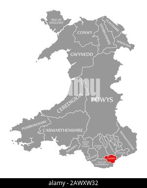 Cardiff rosso evidenziato nella mappa del Galles Foto Stock
