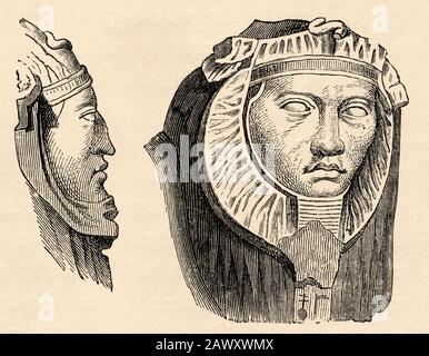 Teste di Hyksos, sfingi che appaiono le teste dei re barbari a Tanis, antico impero egiziano. Egitto. Vecchia illustrazione dell'incisione dal libro Foto Stock