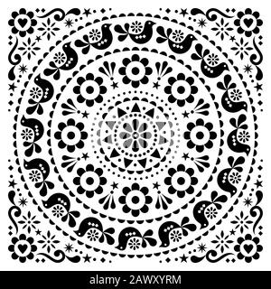 Biglietto d'auguri per vettore folk scandinavo o disegno di inviazione motivo mandala floreale con uccelli in nero su sfondo bianco Illustrazione Vettoriale