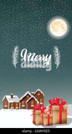 Allegre scatole regalo di natale con nastro rosso e case del villaggio coperte di neve. Luna e Blizzard caduta. Vettore vacanza Illustrazione Vettoriale