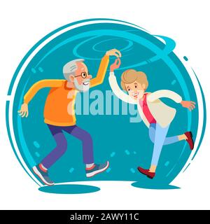 Coppia senior che ballano insieme, illustrazione vettoriale in stile piatto. Felice divertente vecchia coppia, Full altezza ritratto di vecchia signora e Signore danza Illustrazione Vettoriale
