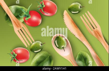 Composizione acquerello con utensili da cucina e verdure in legno. Pomodori rossi, olive. Sfondo verde. Ecologia prodotti vettore Illustrazione Vettoriale