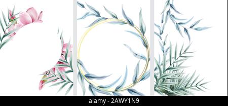 Grande set di carte invito floreali con cornici wreath. Foglie di palma verde. Inserire il testo. Vettore acquerello Illustrazione Vettoriale