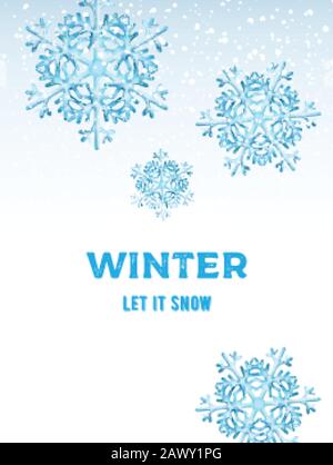 Inverno lasciare che la composizione neve con grandi fiocchi di neve blu. Sfondo bianco. Vettore vacanze di Natale Illustrazione Vettoriale