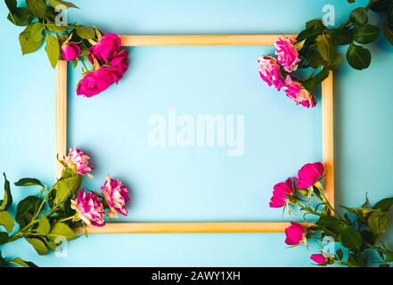 Le rose rosa su fondo azzurro con telaio in legno e lo spazio per il testo. Vista dall'alto. Concetto di evento. Foto Stock