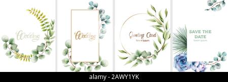 Set di nozze di biglietti d'invito con foglie e fiori ornamenti. Vettore Illustrazione Vettoriale