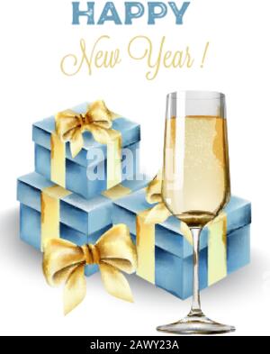 Felice anno nuovo composizione con bicchiere di champagne e scatole regalo blu. Nastri gialli Illustrazione Vettoriale