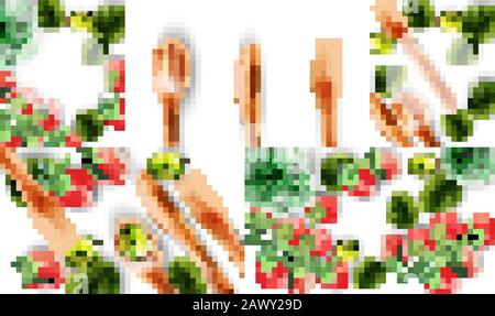 Set grande di spazzolini da denti di bambù e posate da mangiare con foglie verdi su tovagliolo bianco. Decorazioni vegetali di calce, spinaci e aloe vera. Backgroun colorato Illustrazione Vettoriale