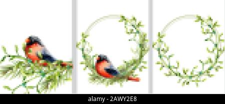 Corona di primavera con uccello nero e rosso seduto su foglie di abete verde wreath. Vettore Illustrazione Vettoriale