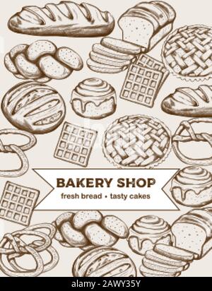 Linea d'arte di prodotti da forno compresi vari tipi di pane e torte. Vettore Illustrazione Vettoriale