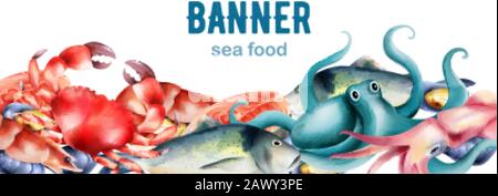 Acquerello pesce fresco e molluschi dal mare. Gamberi, bistecca, granchio, ostriche, polpo. Vettore banner Illustrazione Vettoriale