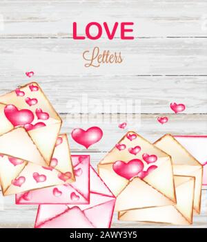 Lettere d'amore con cuori che volano su sfondo di legno. Vettore di giorno di San Valentino Illustrazione Vettoriale
