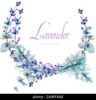 Acquerello fiori di lavanda brughiera con foglie verdi e luogo per il testo. Vettore Illustrazione Vettoriale
