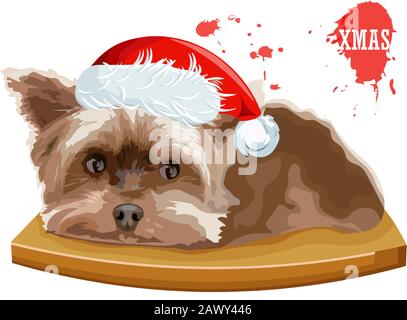 Yorkshire Terrier cane seduto su un tavolo di legno. Vettore vacanze di Natale Illustrazione Vettoriale