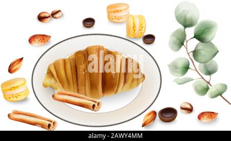 Delizioso croissant con bastoncini alla cannella, dolci macaron e caramelle al toffee sul tavolo. Decorazioni varie. Vettore Illustrazione Vettoriale