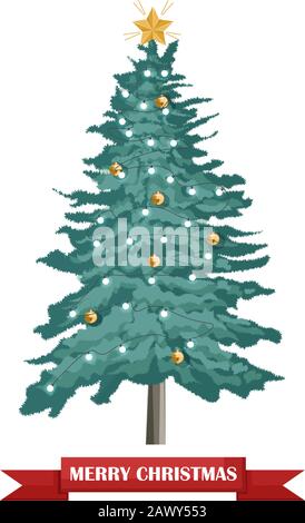 Buon abete di Natale con ornamenti di vacanza. Baubles, fairy light e stella splendente in cima. Vettore Illustrazione Vettoriale