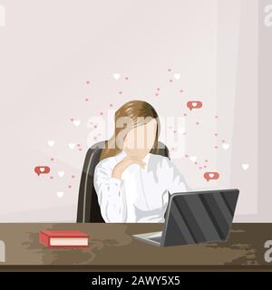 Ragazza che lavora su un laptop mentre riceve le impressioni di cuori. Tavolo in legno. Vettore Illustrazione Vettoriale