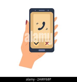 Uno smartphone con una nuova chiamata in arrivo sullo schermo. La mano tiene il telefono. Illustrazione in stile piatto. Ricevi chiamate sul tuo cellulare. Business e faccia a faccia Illustrazione Vettoriale