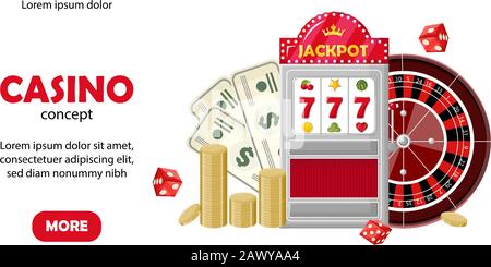 Concetto di modello del sito del casinò. Jackpot triplo sette su slot machine, roulette, monete e dollari. Carte da gioco, dadi, chip. Vettore Illustrazione Vettoriale