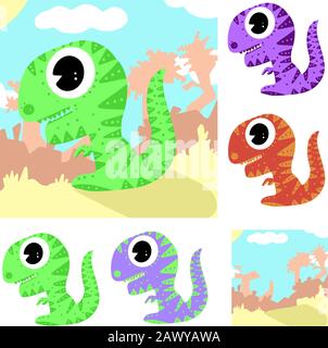 Cartoon Tyrannosaurus Rex Dinosaur Baby And Background Scenery Collection Cartoon Illustration Vector Illustrazione Vettoriale