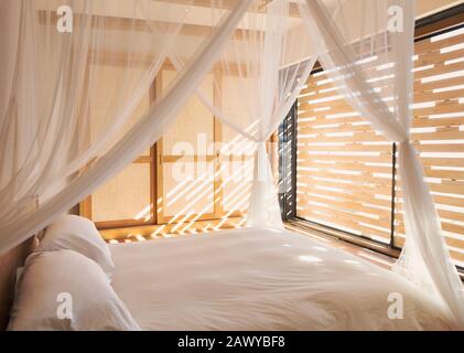 Tende di garza bianche sul letto a baldacchino in una tranquilla camera da letto interna, moderna e lussuosa Foto Stock