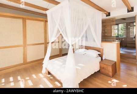 Tende di garza bianche sul letto del baldacchino nella camera da letto interna della vetrina moderna e di lusso Foto Stock