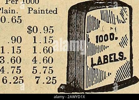 Libro per fioristi : bulbi autunnali arbusti sempreverdi e alberi decidui olandesi, francesi e americani, piante temprate, forniture di fiorai . Etichette (Pot). Trasportiamo la migliore qualità di Labelsmade di legno in questo paese. Sono lisce, forti e pulite. In lotti di 5.000 permettiamo Per 1000 uno sconto di 5 per cento. Semplice. In legno verniciato, 4-in., pianura, 10.000, €6.00; €0.654 dipinti, 10.000, 7.50; 5681012 ETICHETTE (albero). In legno, con£ filo di ferro da 1 3J/1 Zl/2" per 1, Plain.000 USD 1.00000 1.25 Verniciato. ETICHETTE IN RAME da 1.251,50 USD. Cablato, indistruttibile. Per 100, 1,65 dollari; dimensioni maggiori, per 100, 2,15 dollari.(s Foto Stock