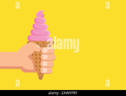 La Mano di illustrazione di Vector Flat Contiene un gelato in un cono di waffle Illustrazione Vettoriale