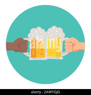 Due mani che tengono bicchieri da birra con schiuma. Concetto di celebrazione in pub. Illustrazione vettoriale in design piatto. Mani bianche e nere Illustrazione Vettoriale