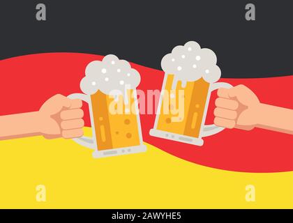 Grazie Mani tenere in su tazze di birra sotto la bandiera tedesca. Festa dell'Oktoberfest, Festival Illustrazione Vettoriale