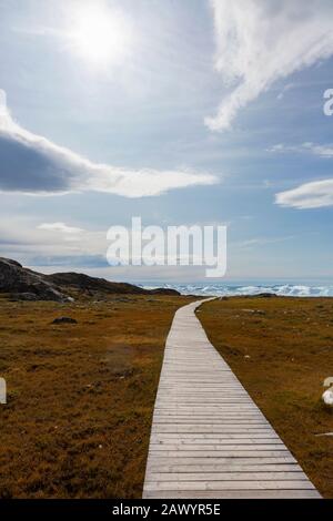 Sentiero che conduce alla costa soleggiata Disko Bay Groenlandia occidentale Foto Stock