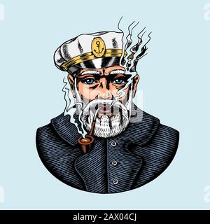 Capitano di mare, marinaio vecchio marino con pipa o blueJacket, marinaio con barba o uomini marittimi. Viaggio in nave o in barca. Inciso a mano disegnato in vecchio boho Illustrazione Vettoriale