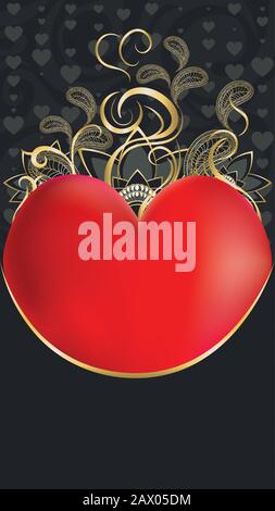 Grande cuore rosso con decorazioni floreali e disegno swirls. Illustrazione Vettoriale