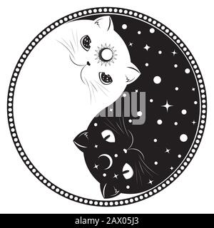 Cartoon carino in bianco e nero gatti, yin yang segno. Illustrazione Vettoriale