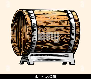 Botte di legno di quercia o botte con alcol. Imbarcazione con vino, brandy o whisky in stile vintage. Disegno inciso a mano per bar, menu ristorante Illustrazione Vettoriale