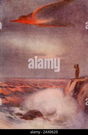 'In prende La Forma di un Woodpecker', 1914. Dopo aver indossato la pelle di uno strizzone, poi una jay blu, Sin vola il cielo incoraggiato da sua madre a partire come un picchio. Dai "miti degli indiani nordamericani", di Lewis Spence F.R.A.I. [George G. Harrap &Amp; Co. Ltd, Londra, Calcutta, Sydney, 1914] Foto Stock