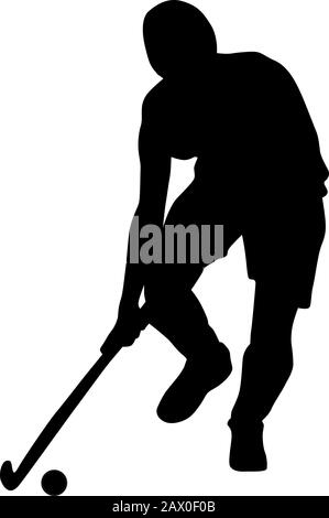 Silhouette di giocatore di hockey su campo con bastone da hockey. Illustrazione del vettore Foto Stock