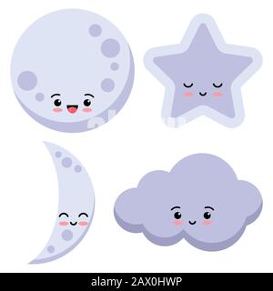 Cute luna, stella, nuvola icona insieme isolato su sfondo bianco. Illustrazione Vettoriale