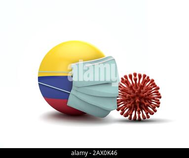 Bandiera Colombia con maschera facciale protettiva. Nuovo concetto di coronavirus. Rappresentazione 3D Foto Stock