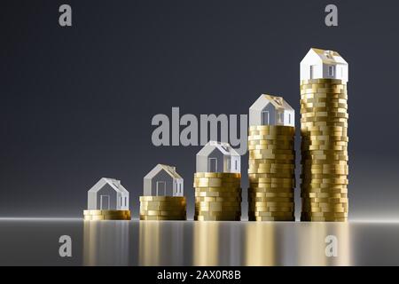 3D render: Pile di monete euro in salita sormontate da case modello in vetro acrilico. Sfondo scuro senza cuciture e riflessi. Concetto per estremo Foto Stock