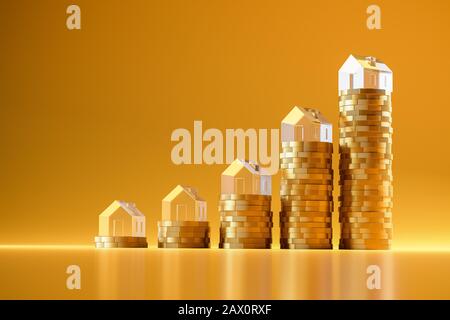 3D render: Pile di monete euro in salita sormontate da case modello in vetro acrilico. Sfondo giallo senza cuciture e riflessi. Concetto per extre Foto Stock