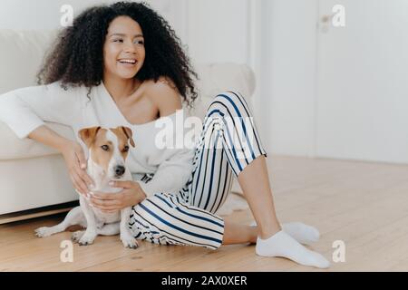 Cute allegro giovane africano americano femmina si siede sul pavimento vicino divano, gioca con il cane, vestito in elegante abbigliamento, guarda gladfully da qualche parte, spende fr Foto Stock