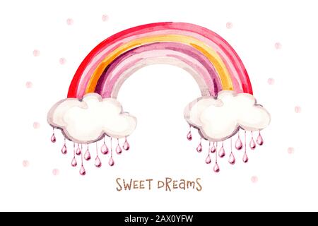 Biglietti d'auguri per vivaio acquerello con Color Rainbow, Nuvole, gocce di pioggia, citazione motivante. Watercolor vacanza Illustrazione Invito carta da parati desig Foto Stock