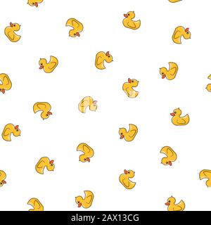 Modello di carta da parati vettoriale in gomma anatrocie senza cuciture. Giocattoli isolati casuali su sfondo bianco Illustrazione Vettoriale