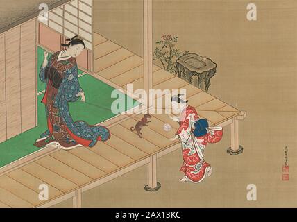 Cortigiana e Attendant giocando con un cane, ca. 1716-1736. Foto Stock