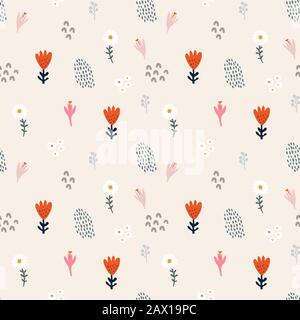 Motivo floreale astratto senza cuciture. Margherita disegnata a mano, fiori di croco e tulipano, pennellate. Design piatto moderno e minimalista per tessuti e tessuti Illustrazione Vettoriale