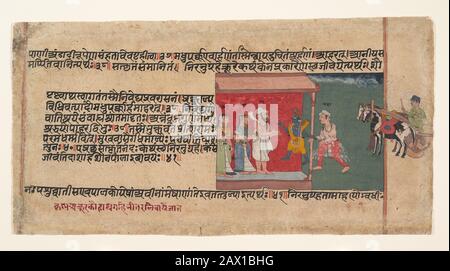 Krishna Porta il messaggero Akrura All'Interno di Nanda& x2019;s Casa: Pagina da un disperso Bhagavata Purana Manuscript , ca. 1620-30. Akrura fu inviato dal malvagio re Kamsa per invitare Krishna e Balarama ad una funzione presso il suo palazzo. Foto Stock