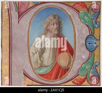 Illuminazione manoscritta con Salvator Mundi in una P Iniziale, da un Libro di Coro, inizio 16th secolo. Foto Stock